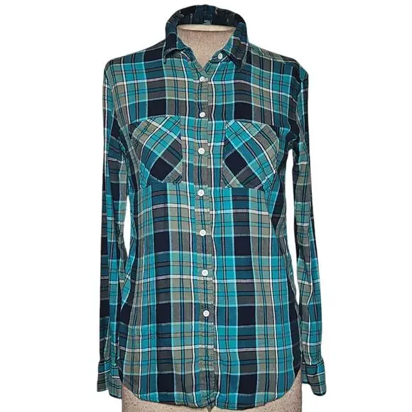 Plaid Cotton Blend Button Down Top Size XS - Picture 1 of 4